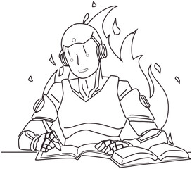 一生懸命、機械学習をするAIのイメージ（線画）