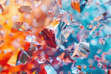 Mesmerizing metal fragments swirling in vibrant motion under colorful lighting