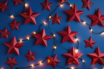 Obraz premium Festive Background of Ruby Stars and Flickering Lights on a Blue Canvas