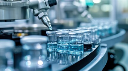 A robotic arm fills small glass vials with blue liquid on a production line.