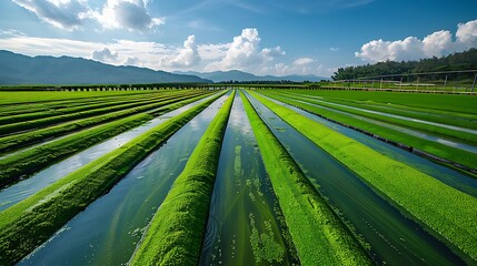 Sustainable biofuel production from algae, illustrating algae cultivation in large open ponds or photobioreactors, with a focus on the green biomass. 