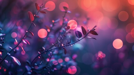 Abstract blurred background of purple leaves and red bokeh lights.