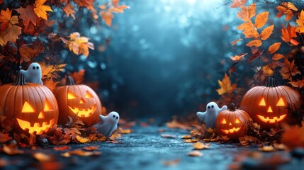 Naklejka premium A spooky Halloween scene with glowing pumpkins and playful ghosts.