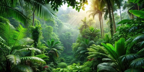 Obraz premium Lush green canopy of a tropical rainforest with diverse plant and animal life, jungle, trees, biodiversity, nature, wildlife, ecosystem