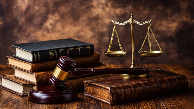 A wooden gavel, a set of scales, and old books on a wooden table.