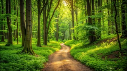 Naklejka premium A peaceful path winding through a lush green forest , nature, trail, serene, pathway, trees, foliage, walkway