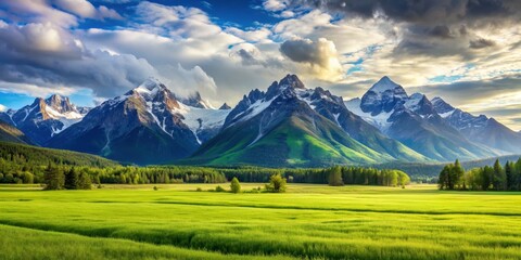 Beautiful landscape with a lush green field leading up to majestic mountains , nature, scenery, outdoors, grassland, scenic