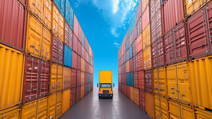 Fototapeta premium Yellow truck weaving through colorful containers