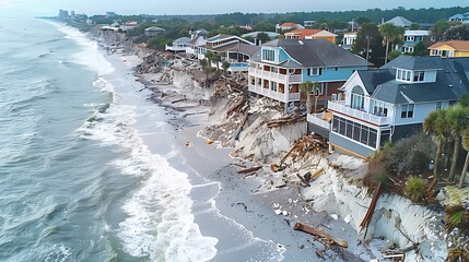 Severe coastal erosion threatening communities, with homes and infrastructure at risk as the shoreline recedes. The dramatic scene illustrates the impact of rising sea levels and changing weather 