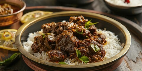Fototapeta premium Spicy Beef Fry Curry from Southern Regions Served with Brown Rice, Ghee Rice, Appam, Parotta, and Puttu, a Traditional Feast Enjoyed by Both Christian and Muslim Communities.