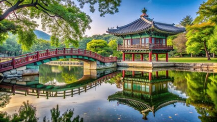 Naklejka premium Traditional Korean bridge over serene pond in an artistic setting, Korean, traditional, bridge, pond, peaceful, serene