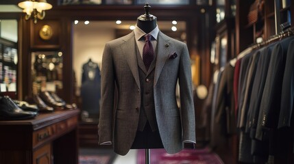 Obraz premium A gray pinstripe suit on a mannequin in a suit shop.