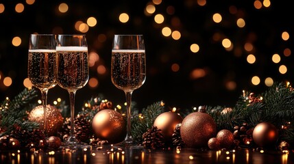 Festive scene with champagne glasses and holiday decorations.
