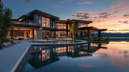 Modern house with a swimming pool on the lakefront at sunset.