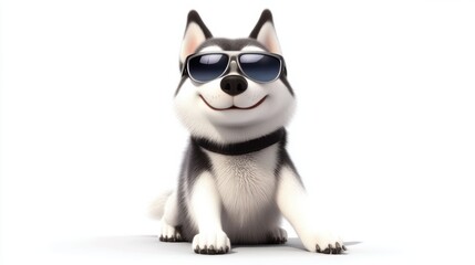 Obraz premium A Siberian Husky cartoon character wearing sunglasses and striking a cool pose, isolated on a clean white background