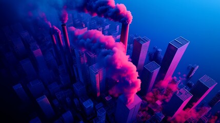 Neon city skyline with smoke and pollution, reflecting on climate change.