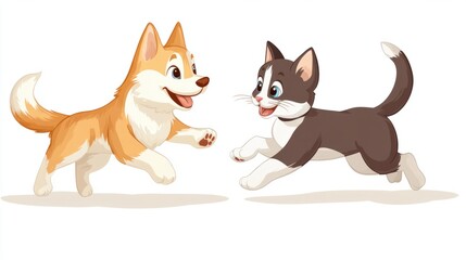 Cartoon Siberian Husky running alongside a cartoon cat, both playing together, isolated on a clean white background