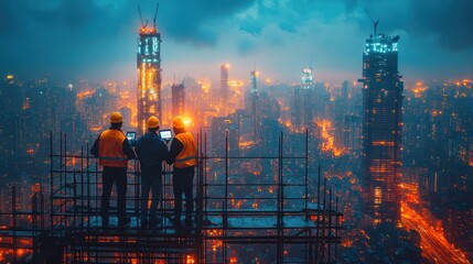 Construction Workers Overlooking a Cityscape