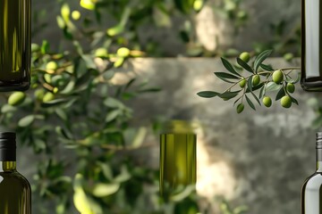 Olive branches with ripe olives and bottles of green olive oil against a rustic stone background, highlighting fresh and organic produce.