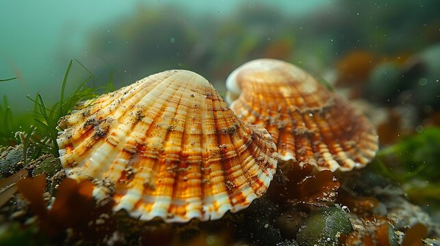 Ocean acidification affecting shellfish formation, illustrating weakened shells and disrupted marine life, with a close-up of shellfish struggling to maintain their structures. 