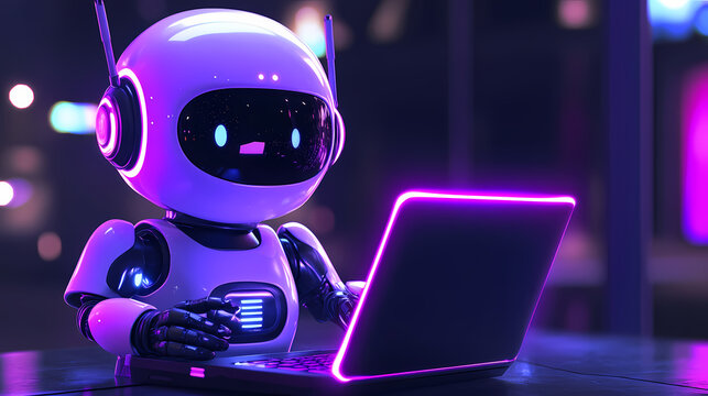 Cute friendly artificial intelligence robot using laptop computer with purple neon glow light, chatbot and ai assistant concept futuristic technology 3d illustration, banner. Robot. Illustration