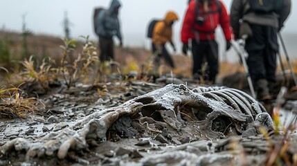 Obraz premium Melting permafrost revealing ancient remains, a scene that highlights the impacts of climate change on Arctic regions and the potential for rediscovery of lost history. The thawing ground not 