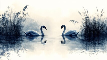 Fototapeta premium Serene swans gliding on a misty lake surrounded by reeds.