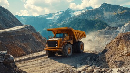 A yellow dump truck drives on a dirt road in a mountain quarry.