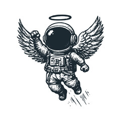 Cute astronaut flying with his wings. Black white vector. Icon and logo illustration.