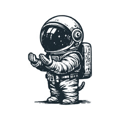 Cute astronaut kneel down to pray. Black white vector. Icon and logo illustration.