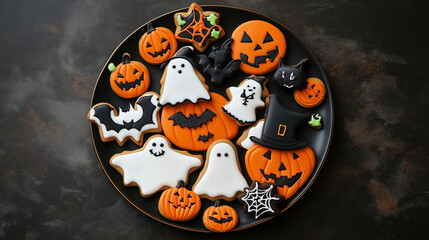 Colorful Halloween cookies with text space