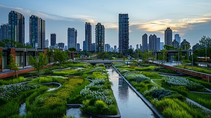 Green infrastructure in urban planning, featuring a city view with integrated green spaces, green roofs, and rain gardens seamlessly blended into the urban fabric. 