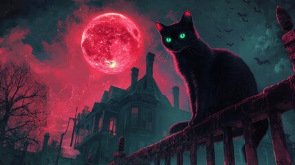 Black Cat Silhouette with Red Moon and Haunted House