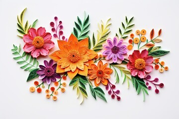 Colorful paper quilling floral artwork with vivid flowers and leaves on a white background, showcasing artistic creativity. 