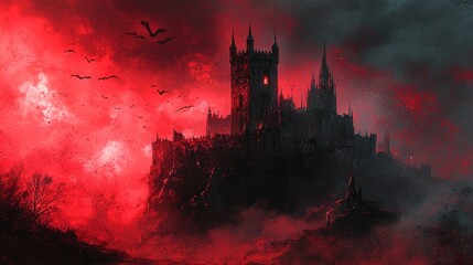 Fototapeta premium Dark Castle Silhouette Against Red Sky with Bats Flying