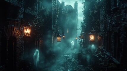 Spooky Foggy Alley with Ghosts and Lanterns