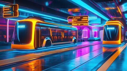 Obraz premium Futuristic subway station with two trains in neon lights.