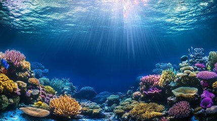 Naklejka premium Enchanting Underwater Scene with Vibrant Coral Reefs and Diverse Marine Life, Highlighting the Breathtaking Beauty and Biodiversity of the Ocean Ecosystem