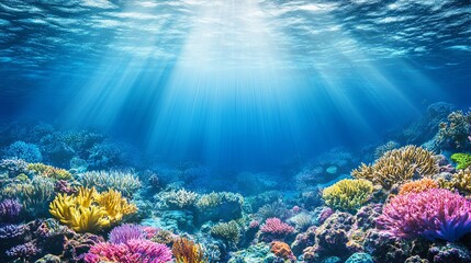Naklejka premium Enchanting Underwater Scene with Vibrant Coral Reefs and Diverse Marine Life, Highlighting the Breathtaking Beauty and Biodiversity of the Ocean Ecosystem