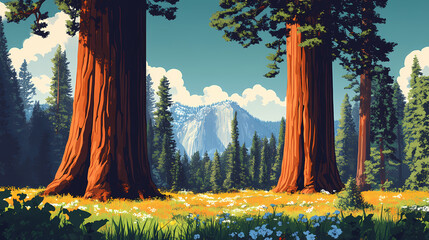 Giant sequoia trees in a meadow at mariposa grove yosemite national park, california, usa - generative ai. Redwood Forest. Illustration