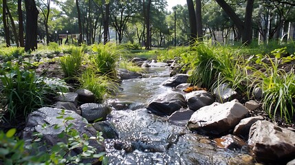 Bioswale managing urban stormwater runoff, featuring lush vegetation filtering water in a city park, preventing flooding and pollution. 
