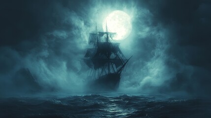 Ghost Ship on a Foggy Night with Full Moon