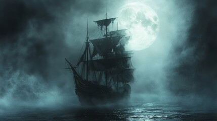 Ghost Ship Sailing on a Foggy Night Under the Full Moon