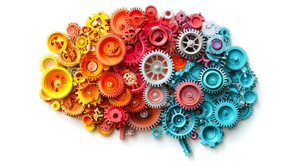 A brain-shaped formation of colorful cogs and gears symbolizes creativity and mechanical precision.