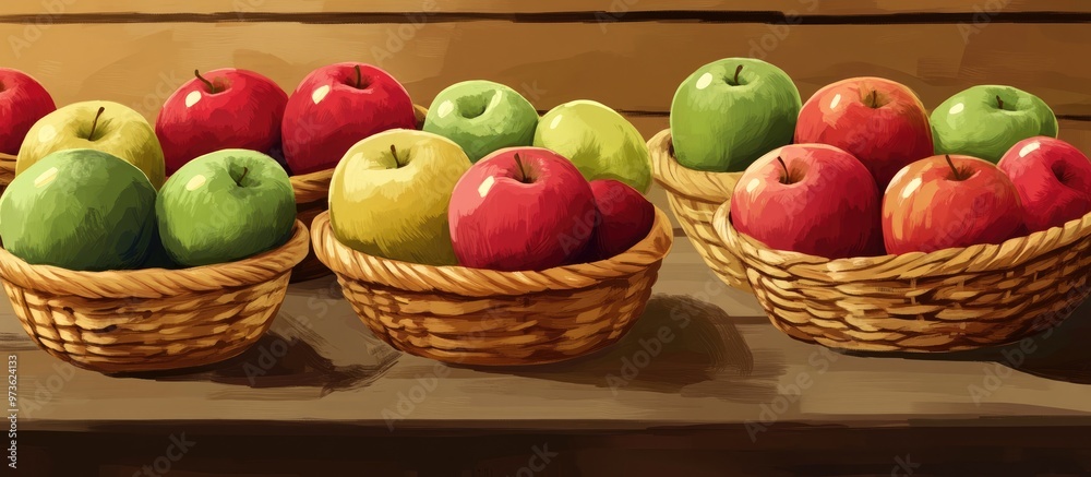 Aufkleber assorted organic apples in baskets arranged on a wooden table