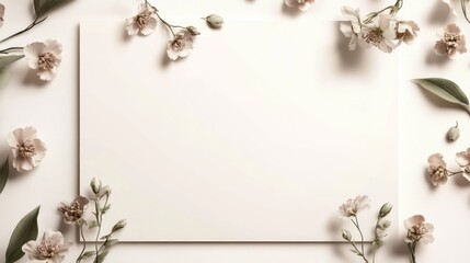 Blank white card with delicate flowers and leaves arranged around it on a white background.