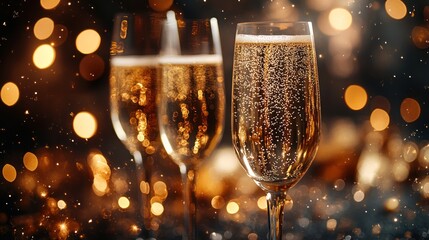 Sparkling champagne glasses with festive bokeh background.