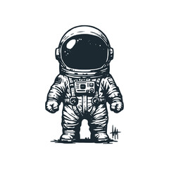Cute astronaut pensive silence. Black white vector icon and logo illustration.