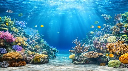 Obraz premium Enchanting Underwater Scene with Vibrant Coral Reefs and Diverse Marine Life, Highlighting the Breathtaking Beauty and Biodiversity of the Ocean Ecosystem