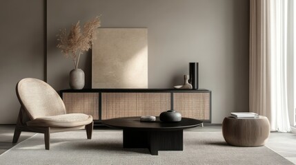 Minimalist living room interior with a wooden chair, a coffee table, and a cabinet with natural light coming from a window.